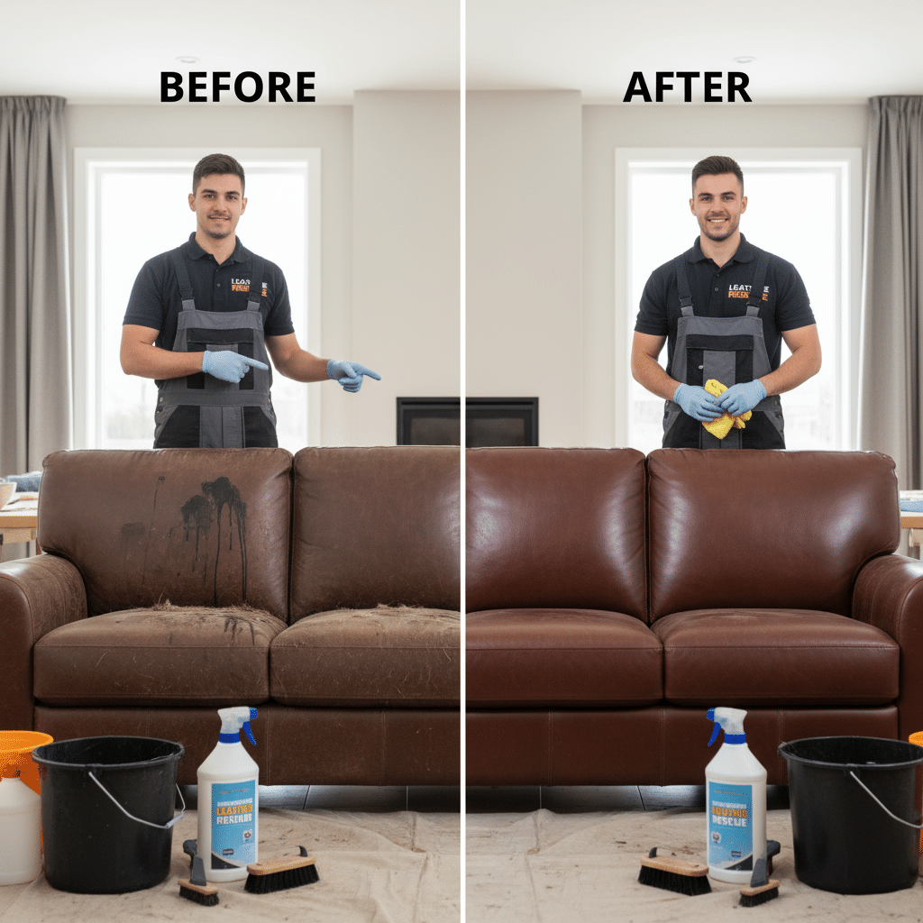 Leather couch in living room